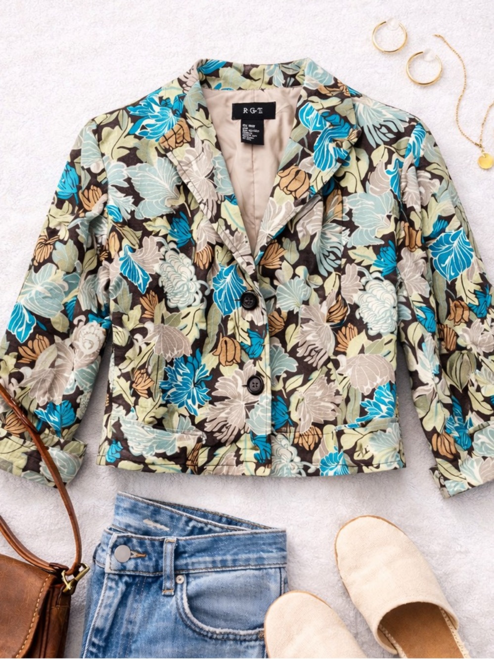 RQT Floral Cropped Blazer Boho Cottagecore Artsy Jacket Linen Blend Size 14 C38